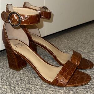 Marc Fischer Brown Crocodile-Embossed Block Heel Sandals